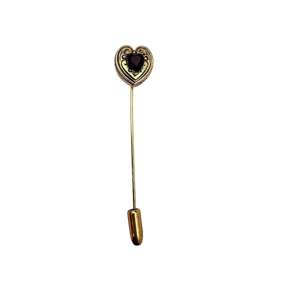 Heart Shaped Stickpin Garnet Red Center Stone Gold Tone Vintage‎ Jewelry